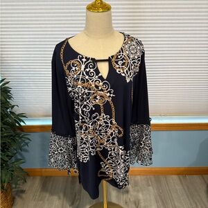 JM Collection Navy and White Blouse with Gold Accents